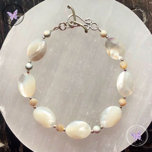 Mother Of Pearl Faceted Oval Bracelet With Silver Toggle Clasp